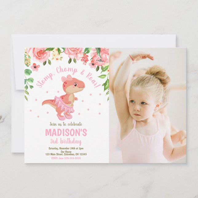 Invitation Dinosaur Tutu Ballerina Floral Photo Birthday  (Devant)