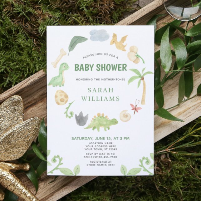 Invitation Dinosaur Vert Aquarelle Baby shower de couronne (Get ready for a Jurassic celebration with our adorable dinosaur baby shower invitations! 🦕)