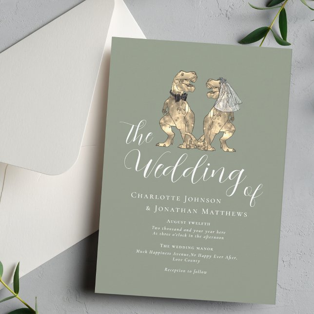 Invitation Dinosaur Wedding Elegant Sage Green (Dinosaur theme sage green wedding  invitation T-Rex dino bride and groom elegant script )