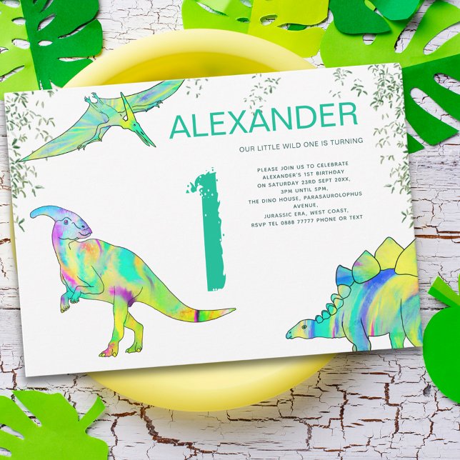 Invitation Dinosaur Wild One Watercolor 1ère fête d'anniversa (Colorful dinosaur wild one 1st birthday party invitation watercolor by artist Catherine Sweetman)