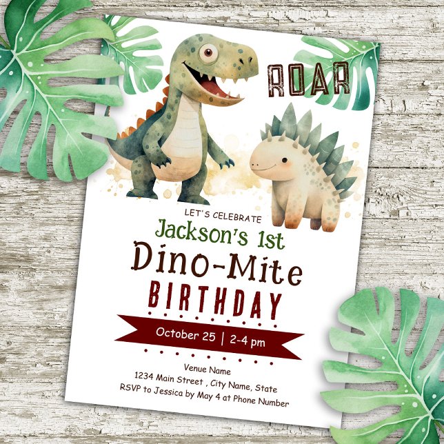 Invitation Dinosaure 1er aquarelle d'anniversaire (Créateur téléchargé)