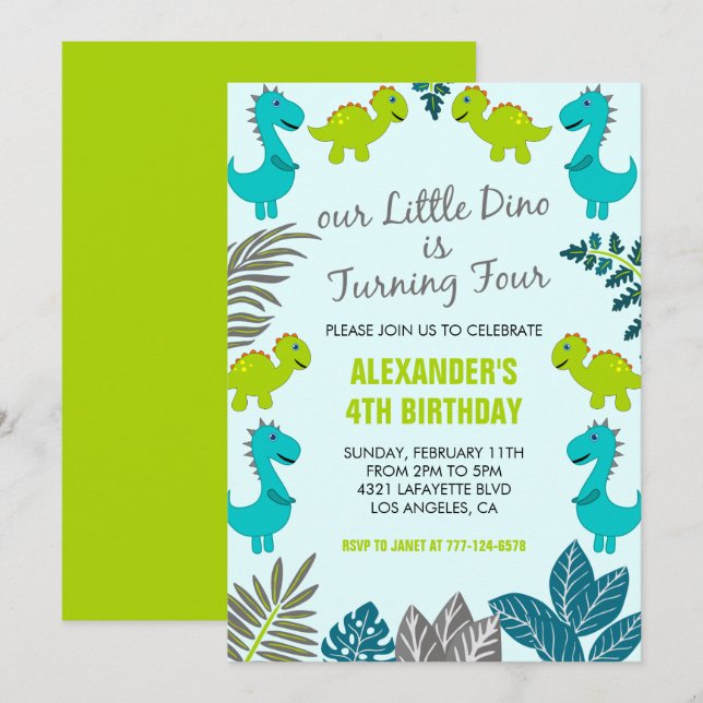 Invitation Dinosaure 4 ans anniversaire jungle enfants vert t (Devant / Derrière)
