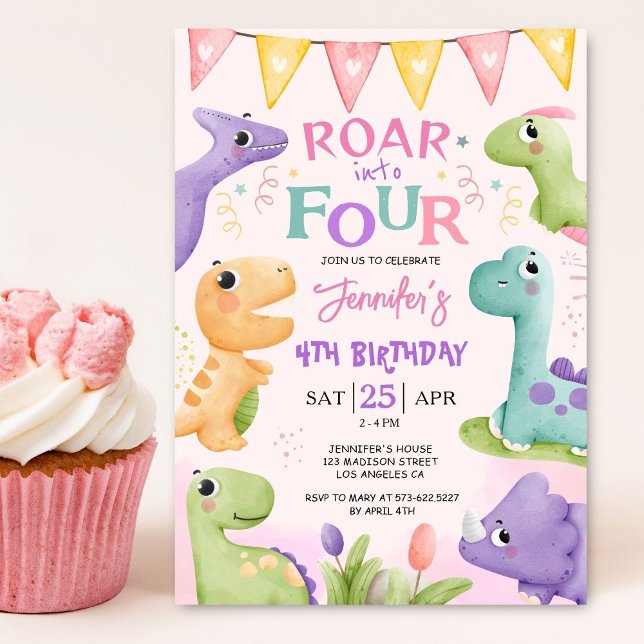 Invitation Dinosaure 4e anniversaire Pink mignon Roar en quat (Créateur téléchargé)