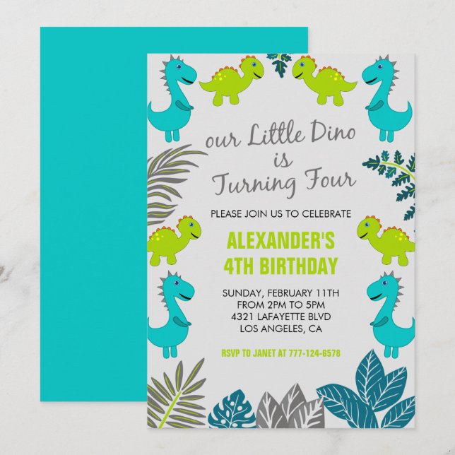 Invitation Dinosaure 4ème anniversaire jungle vert t rex mign (Devant / Derrière)