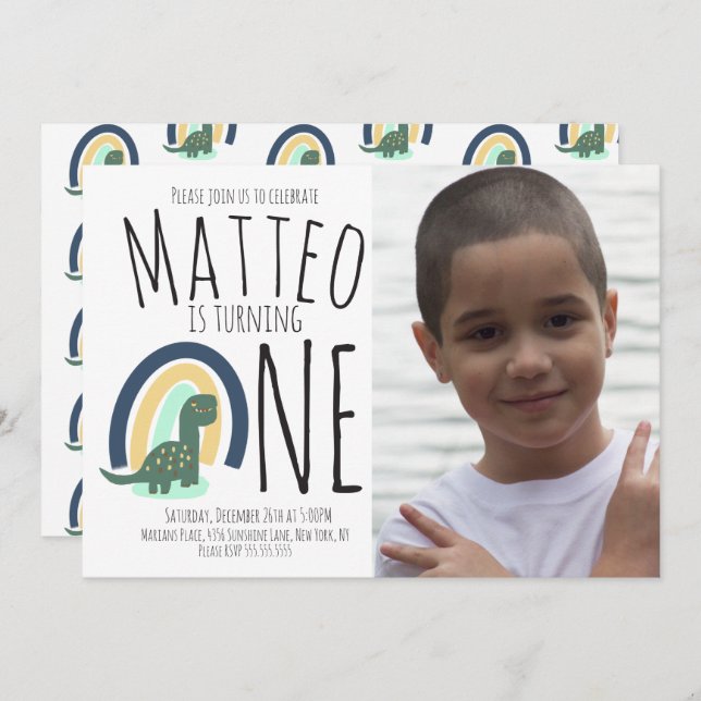 Invitation Dinosaure à la main - Photo de fête d'anniversaire (Devant / Derrière)