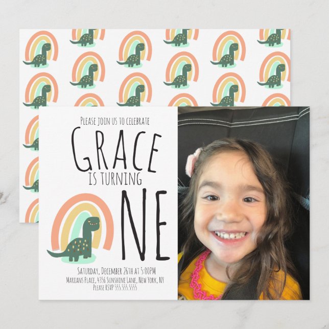 Invitation Dinosaure à la main Rainbow Birthday Party Photo I (Devant / Derrière)
