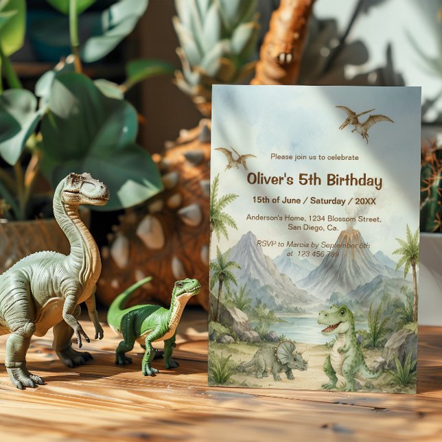 Invitation Dinosaure à l'aquarelle avec paysage préhistorique (Créateur téléchargé)