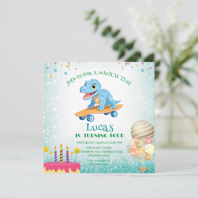 Invitation Dinosaure amusant Skateboard garçons de fête d'ann (Debout devant)