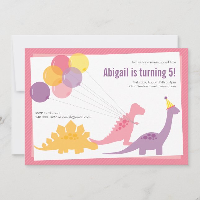 Invitation Dinosaure Anniversaire Balloon rose violet (Devant)