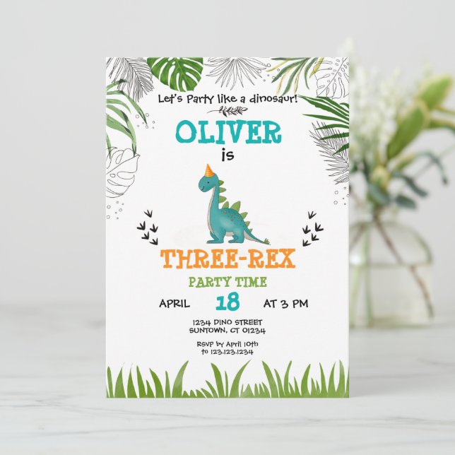Invitation Dinosaure Anniversaire Garçon aquarelle turquoise  (Debout devant)