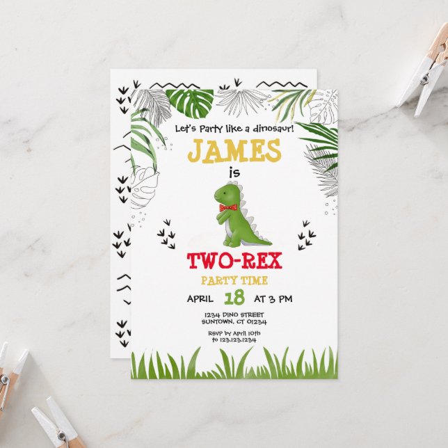 Invitation Dinosaure aquarelle d'anniversaire vert jaune roug (Devant/Arrière en situation)