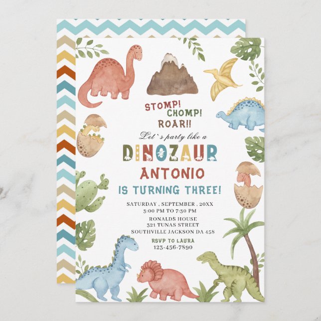 Invitation Dinosaure aquarelle estomac chompe roar partie ann (Devant / Derrière)