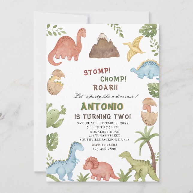 Invitation Dinosaure aquarelle estomac chompe roar partie ann (Devant)