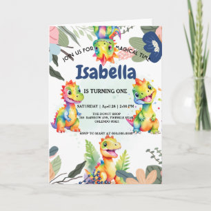 Invitation Dinosaure Arc-en-ciel floral mignon Bonne fête d'a
