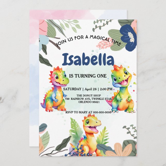 Invitation Dinosaure Arc-en-ciel floral mignon Bonne fête d'a (Devant / Derrière)