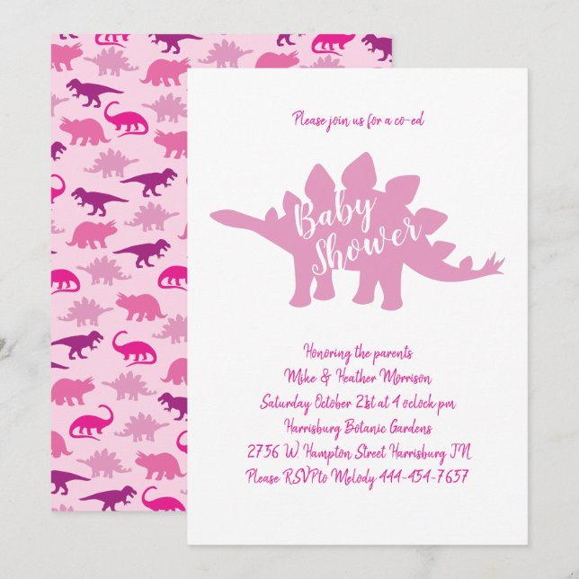 Invitation Dinosaure Baby shower Stegosaurus Rose fille (Devant / Derrière)
