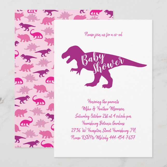 Invitation Dinosaure Baby shower T-Rex Dino Rose Girl (Devant / Derrière)