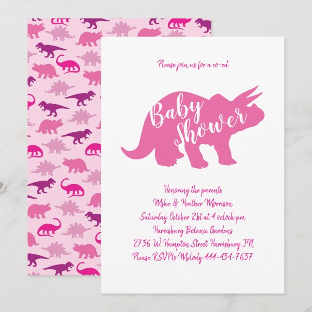 Invitation Dinosaure Baby shower Tricératops fille rose (Devant / Derrière)