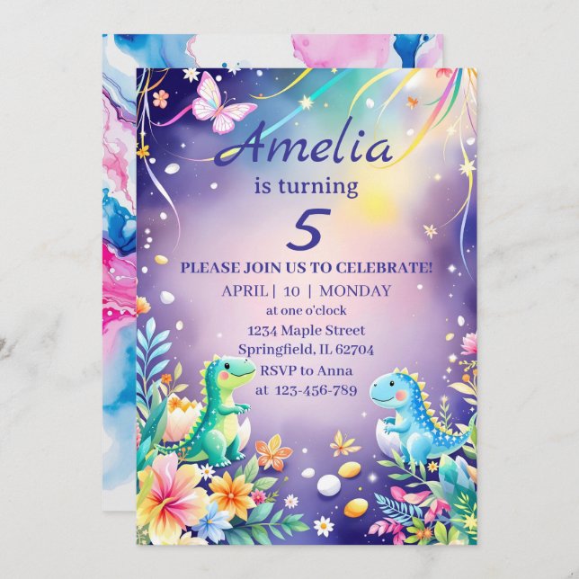 Invitation Dinosaure bébé vert mignon avec thème bleu (Devant / Derrière)