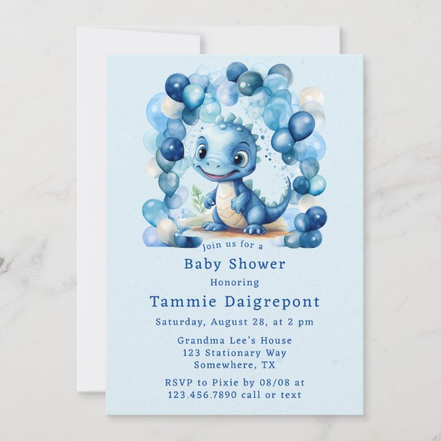 Invitation Dinosaure Bleu & Ballons Baby shower garçon (Devant)