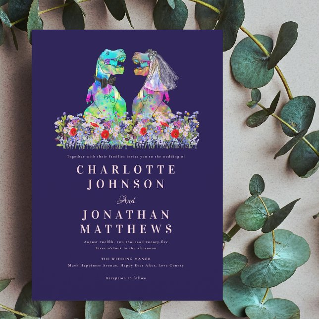 Invitation Dinosaure Boho Fleur de la sauvage Bleu marine Ros (Colorful Dinosaur bride & Groom T-Rex boho wildflower navy blue blush pink wedding invitation )