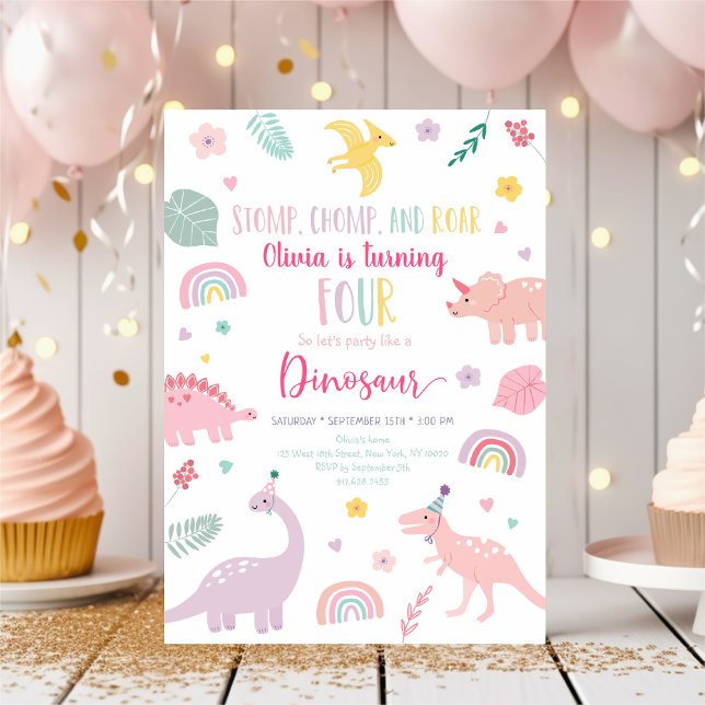 Invitation Dinosaure Boho Rose Quatrième anniversaire (Créateur téléchargé)