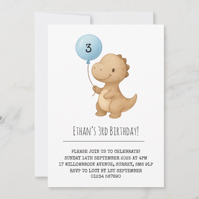 Invitation Dinosaure Brown avec Balloon Bleu Anniversaire (Devant)