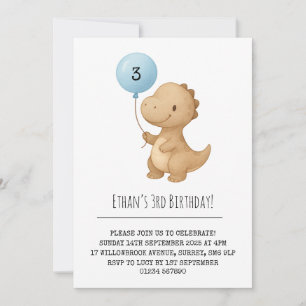 Invitation Dinosaure Brown avec Balloon Bleu Anniversaire