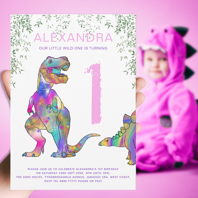 Invitation Dinosaure coloré 1er anniversaire fête (Wild one girls dinosaur 1st birthday invitation colorful T-Rex and stegosaurus pink typography )