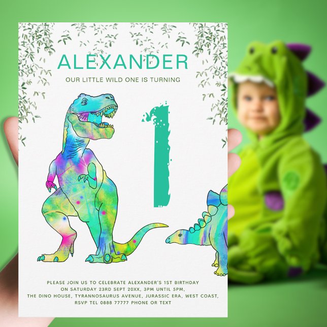 Invitation Dinosaure coloré 1er anniversaire fête (Wild one boy’s dinosaur 1st birthday party invitation colorful T-Rex and stegosaurus modern dino fun)