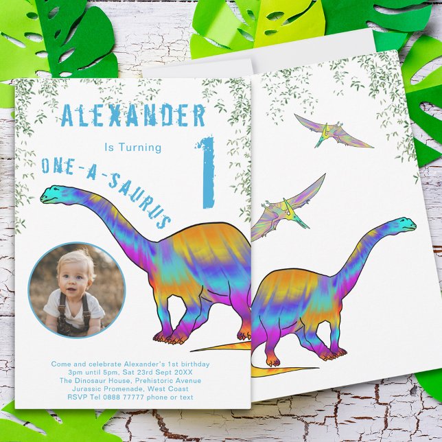Invitation Dinosaure coloré 1er anniversaire fête (Colorful dinosaur one a saurus 1st birthday party invitation watercolor dinos and photo template )