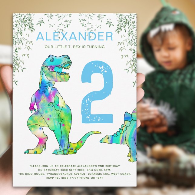 Invitation Dinosaure coloré 2e fête d'anniversaire (Colorful dinosaur 2nd birthday party invitation invitation blue green watercolor T-Rex & Stegosaurus)