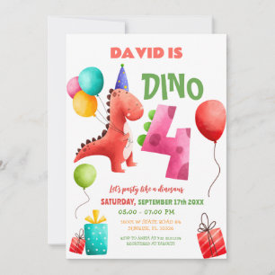 Invitation Dinosaure coloré 4ème anniversaire Dino Party