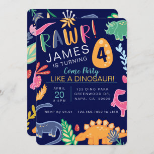 Invitation Dinosaure coloré amusant Anniversaire Fête Invitat