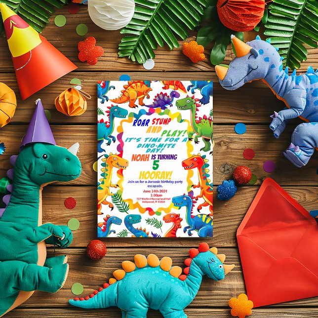 Invitation Dinosaure coloré Joueur Thème Anniversaire Fête (Fun and Colorful Dinosaur Party Invitation )