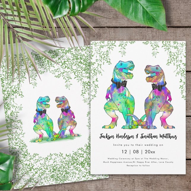 Invitation Dinosaure coloré Mariage Gay T-Rex Deux Salles (Colorful dinosaur gay wedding T-Rex two grooms dino wedding invitation watercolor eucalyptus foliage)