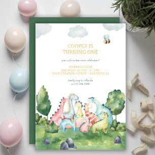 Invitation Dinosaure coloré Première fête d'anniversaire