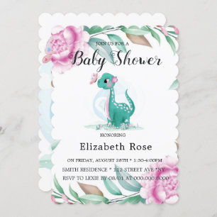Invitation Dinosaure Cute Avec Peony Rose Baby Girl Douche