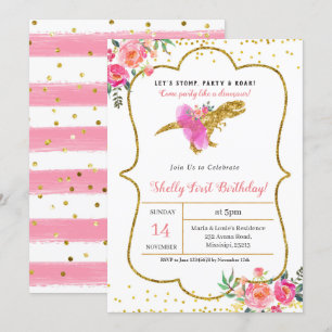 Invitation DINOSAURE D'ANNIVERSAIRE DE LA FILLE D'Or Rose