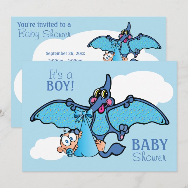 Invitation Dinosaure de ptérodactyle c'est un baby shower de (Devant / Derrière)