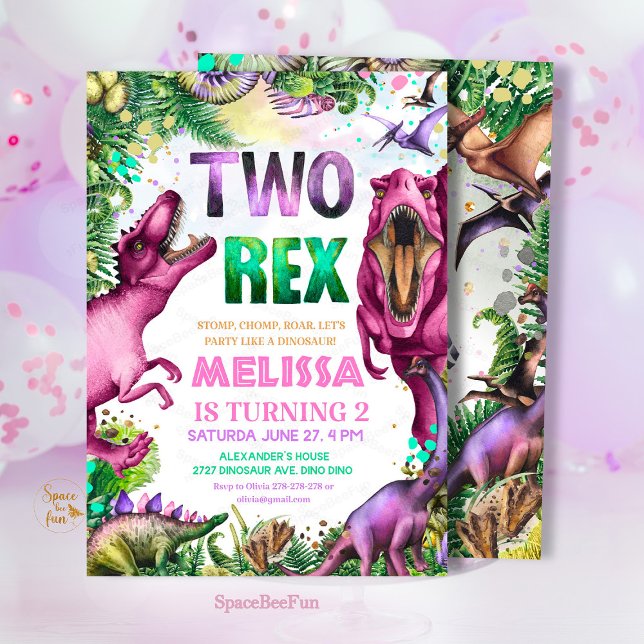 Invitation Dinosaure Deux Rex Fête d'anniversaire  (Dinosaur TWO Rex Invitation, Girl Dinosaur Party,birthday invitation Dino,Tropical Two rex birthday,)