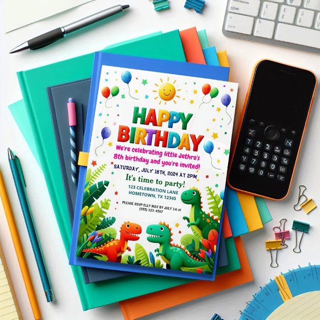 Invitation Dinosaure Enfants colorés fête d'anniversaire (Créateur téléchargé)