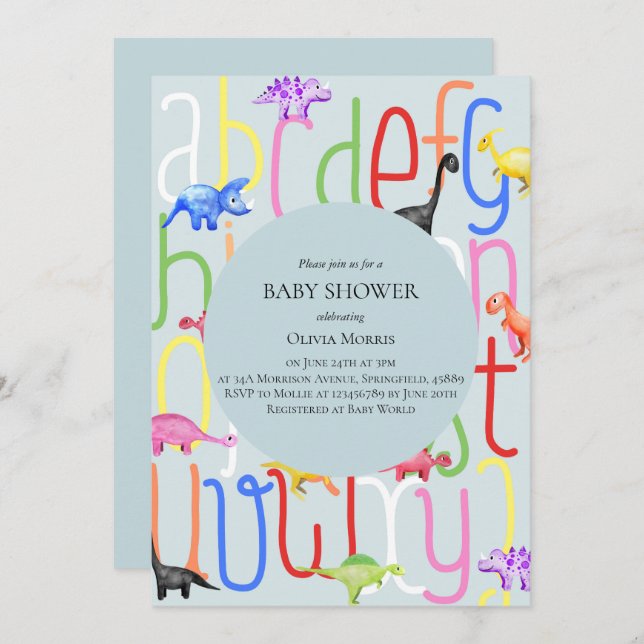 Invitation Dinosaure et Baby shower Alphabet de garçon mignet (Devant / Derrière)