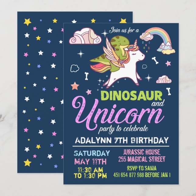 Invitation Dinosaure et Licorne - INVITATION FRATE (Devant / Derrière)