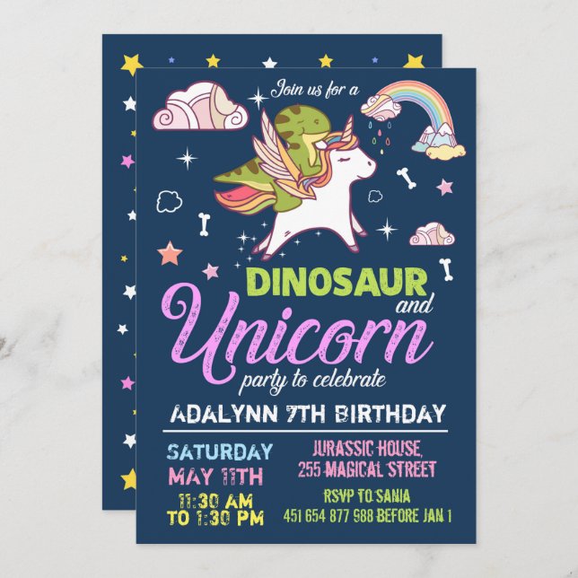 Invitation Dinosaure et Licorne - INVITATION FRÈRE (Devant / Derrière)