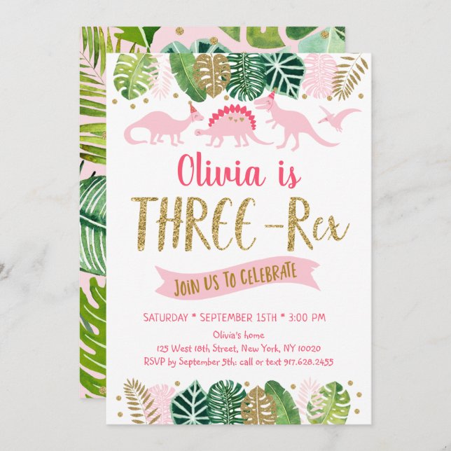 Invitation Dinosaure fille or rose TROIS REX Anniversaire (Devant / Derrière)