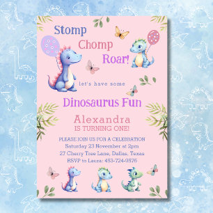 Invitation Dinosaure fille rose mignonne 1er anniversaire