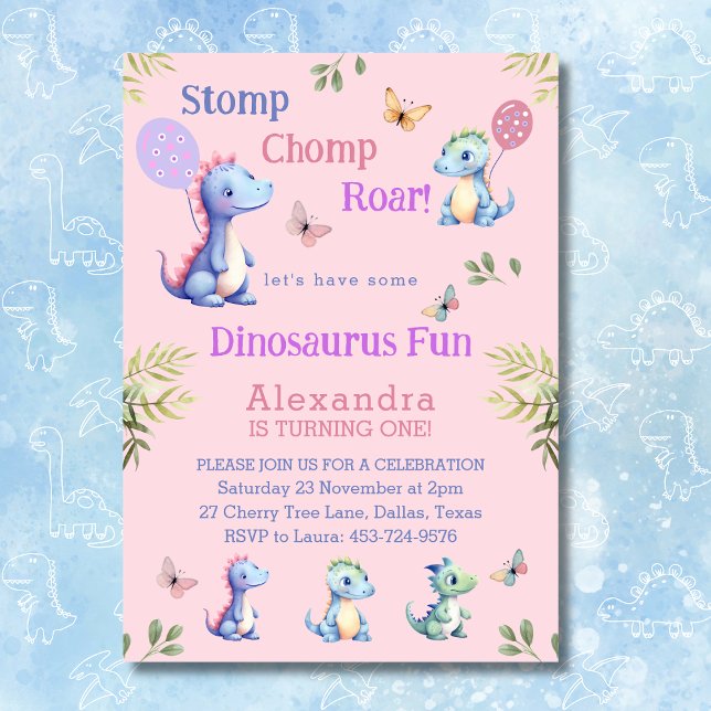Invitation Dinosaure fille rose mignonne 1er anniversaire (Créateur téléchargé)
