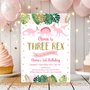 Invitation Dinosaure fille rose TROIS REX Anniversaire