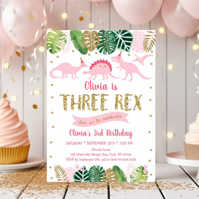 Invitation Dinosaure fille rose TROIS REX Anniversaire (Créateur téléchargé)
